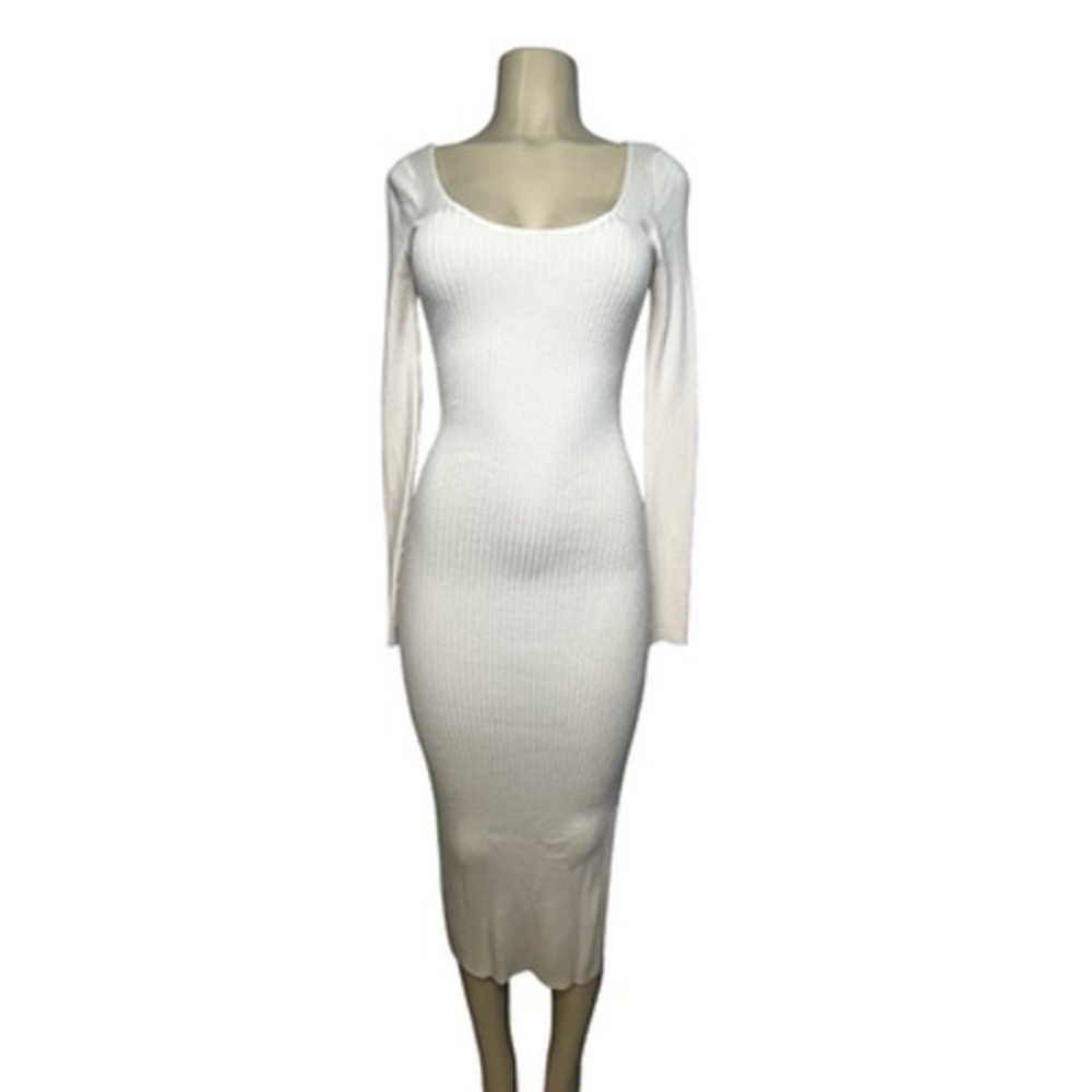 L'Academie Dress Womens Medium Cream Long Sleeve Ribbed Bodycon‎ Sweater Maxi